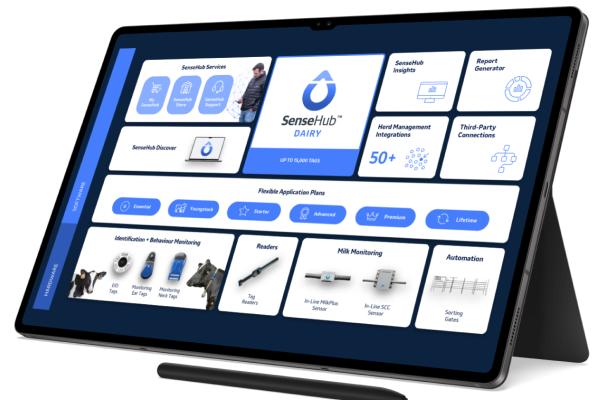 Tablet with SenseHub Dairy Ecosystem information